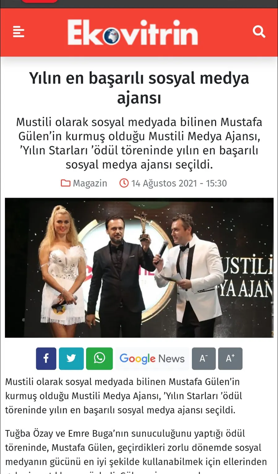 Ekovitrin — Yılın en başarılı sosyal medya ajansı haber kupürü