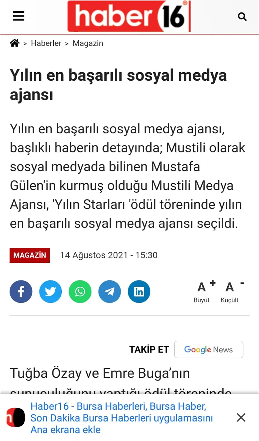 Haber16 — Yılın en başarılı sosyal medya ajansı haber kupürü