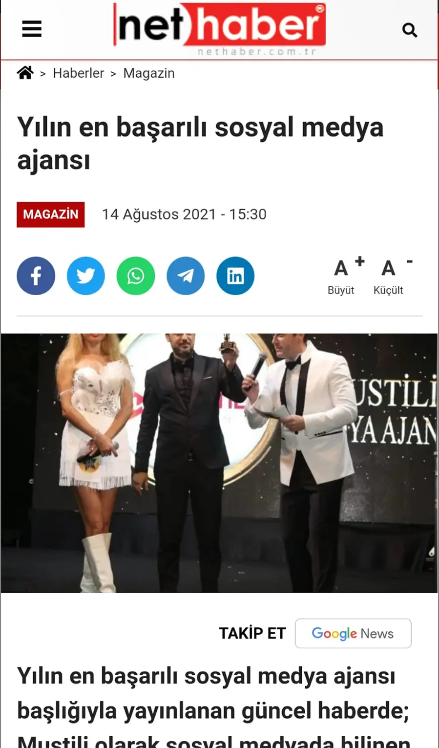 Net Haber — Yılın en başarılı sosyal medya ajansı haber kupürü