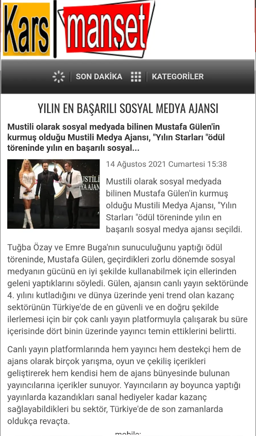Kars Manşet — Yılın en başarılı sosyal medya ajansı haber kupürü