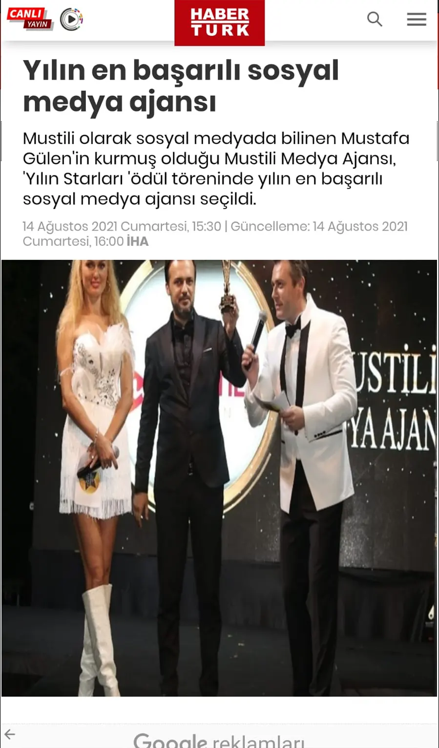 Habertürk — Yılın en başarılı sosyal medya ajansı haber kupürü