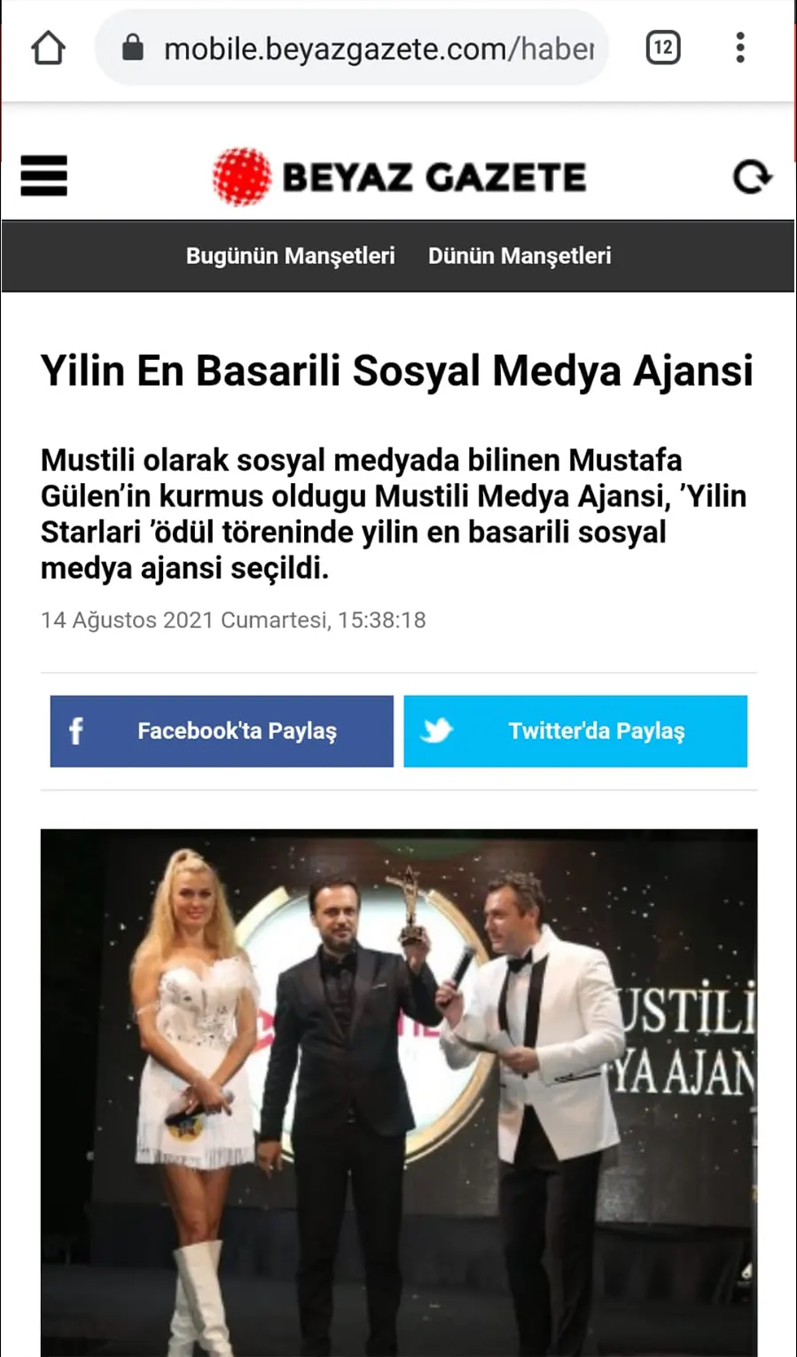 Beyaz Gazete — Yılın En Başarılı Sosyal Medya Ajansı haber kupürü